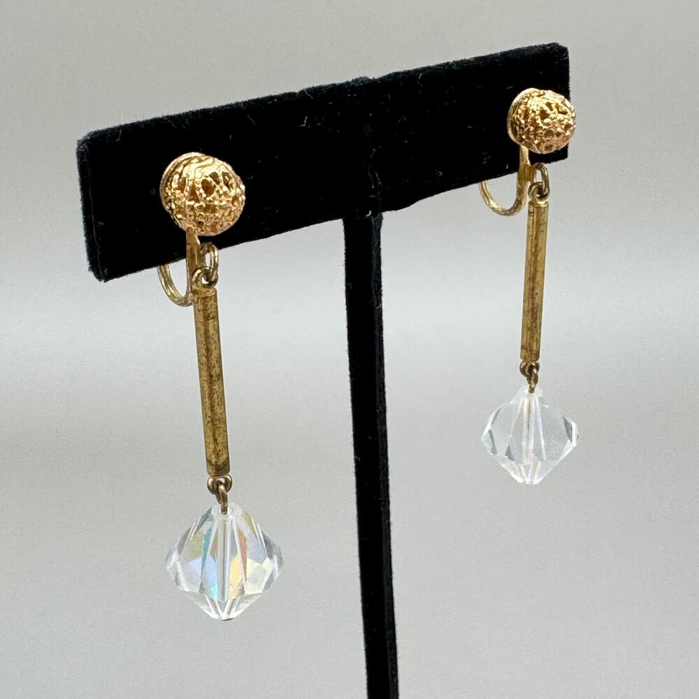 Vintage Gold Filigree Ball Aurora Borealis Crystal Drop Clip on Earrings